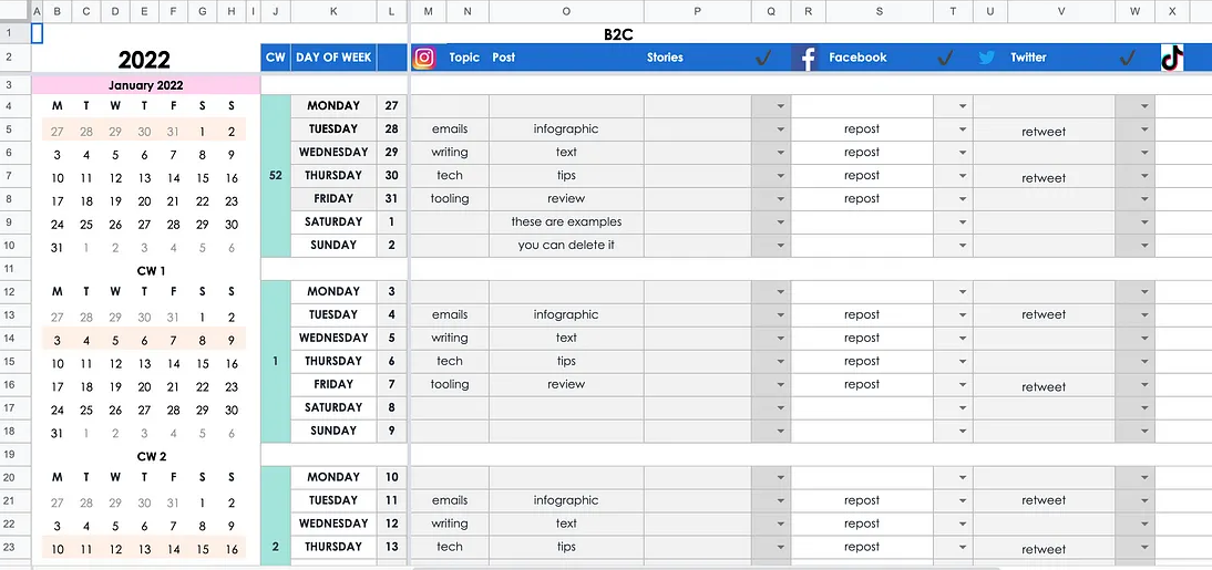 example how to organize marketing calendar in Google Sheets