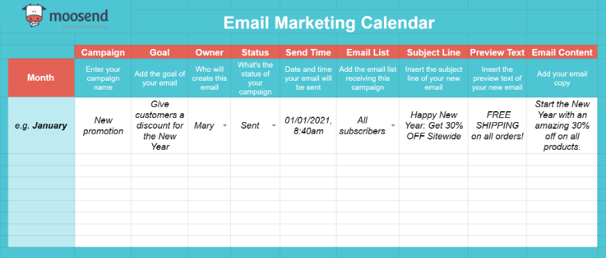 example of Moosend Email Marketing Calendar