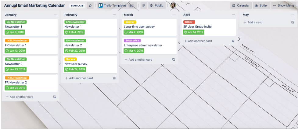 example of Trello Email Marketing Calendar