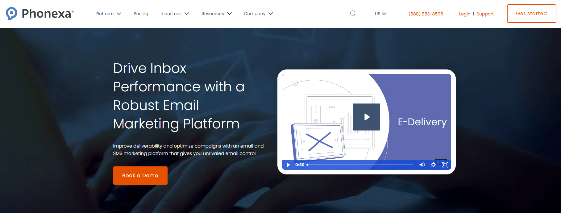 Phonexa's E-Delivery landing page with the site's interface and a CTA to book the E-Delivery demo