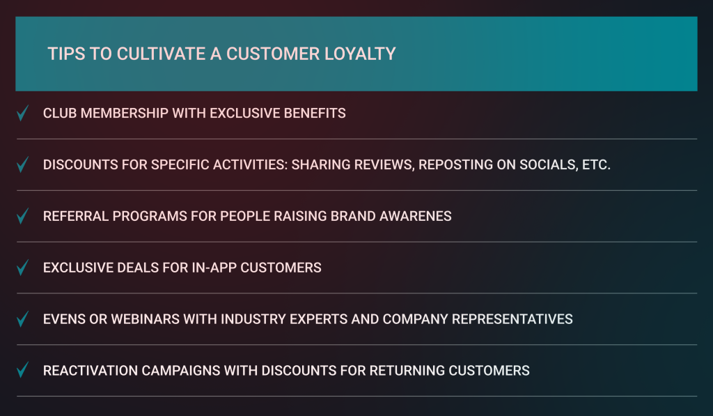 Graphic displaying 'Tips to Cultivate a Customer Loyalty' with a checklist of strategies aimed at enhancing customer retention