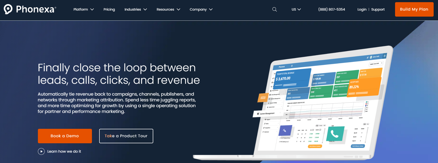 Phonexa homepage, an all-in-one performance marketing software suite that includes SMS software