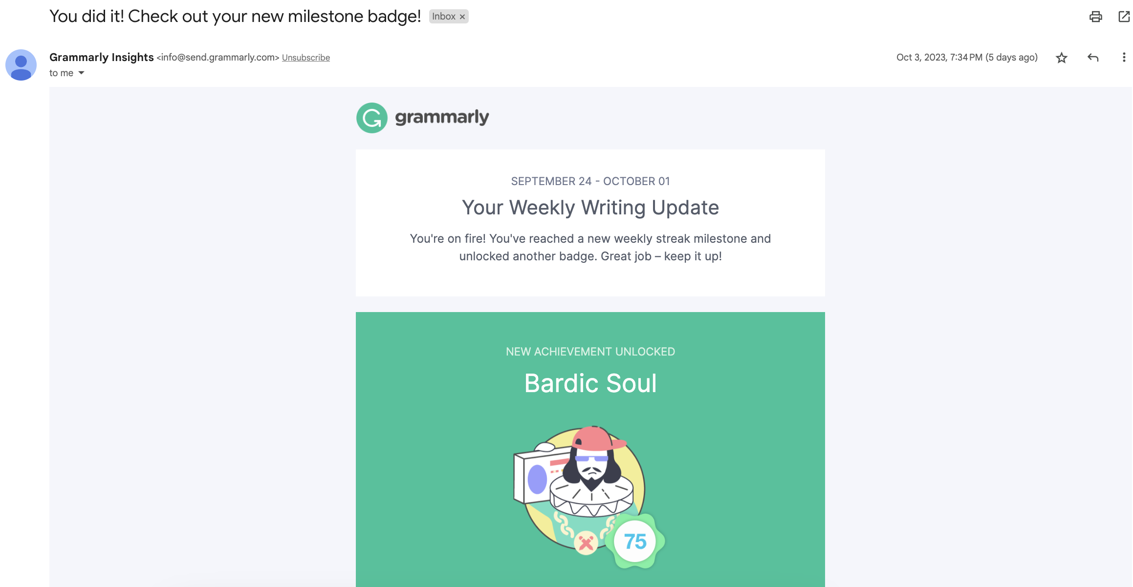 Screenshot of Grammarly email