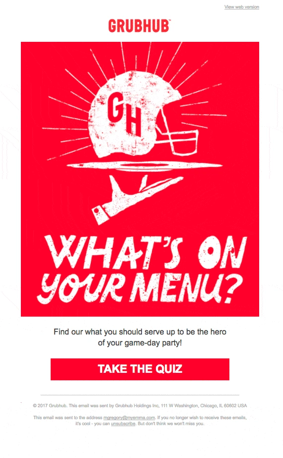 GrubHhub email that promotes a quiz 