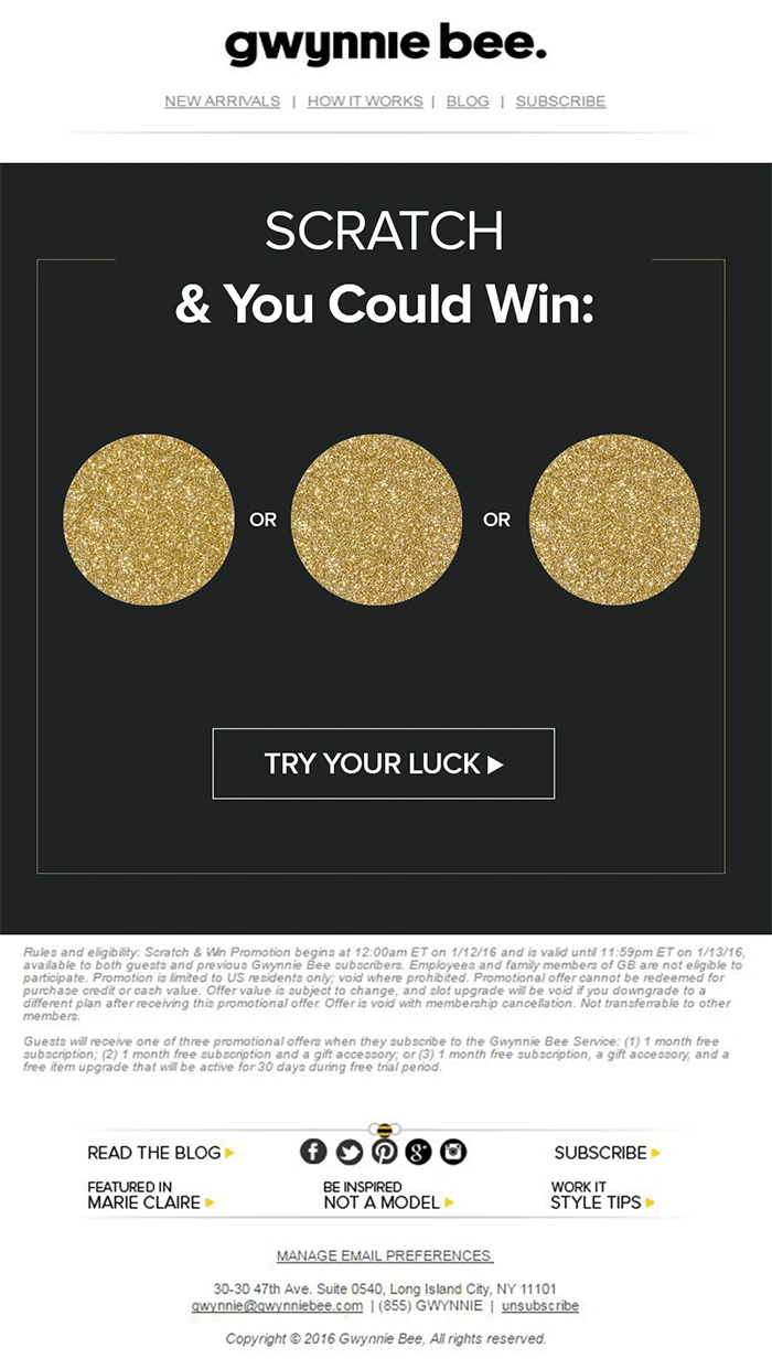 Gwynnie bee email that promotes a scratch lottery