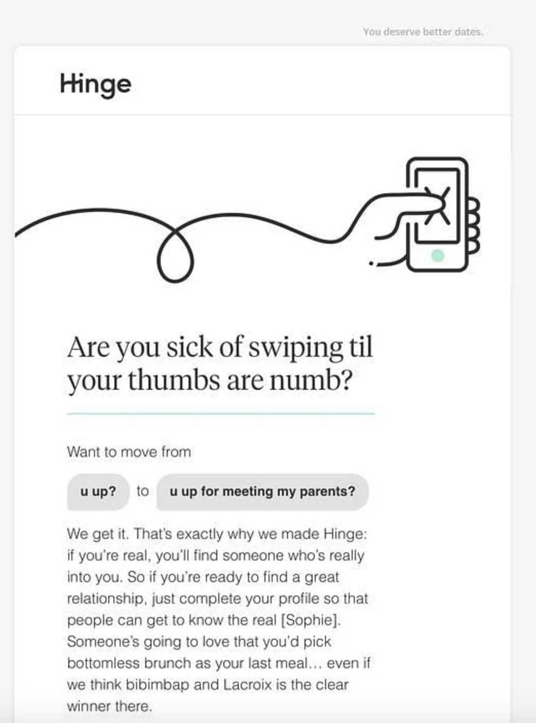 Screenshot of Hinge's humorous email