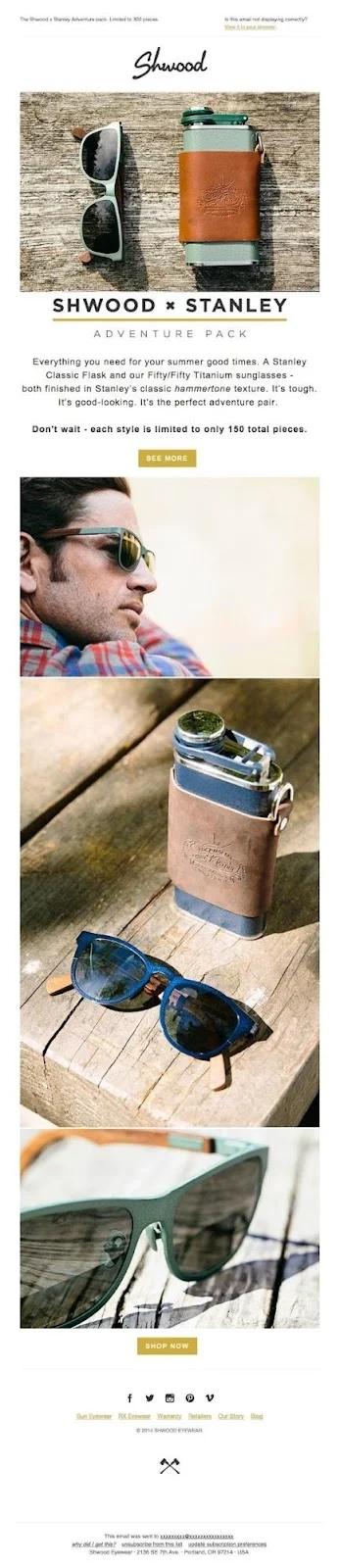 Shwood x Stanley email that promotes sunglasses 