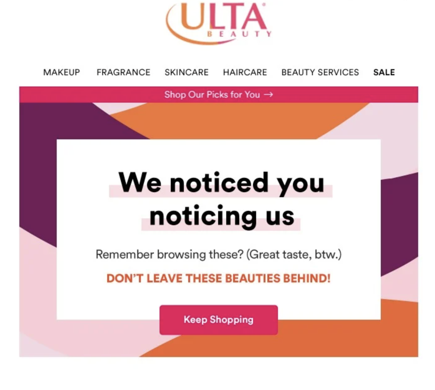 Screenshot of Ulta's witty email